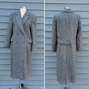 Vintage 80s Pendleton Blue Black Gray Barleycorn Tweed Wool Trench Coat 12